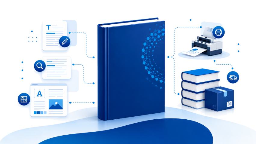 Etapas do processo editorial: revisão, diagramação, impressão e distribuição